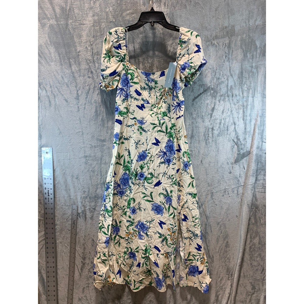 London Times Floral Butterfly Linen Blend Midi Dress Cream Blue Size 8 T8103M